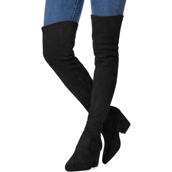 Women’s Thigh High Block Heel Boots - Pointed Toe Over the Knee Stretch Boots - Picture 2 of 8